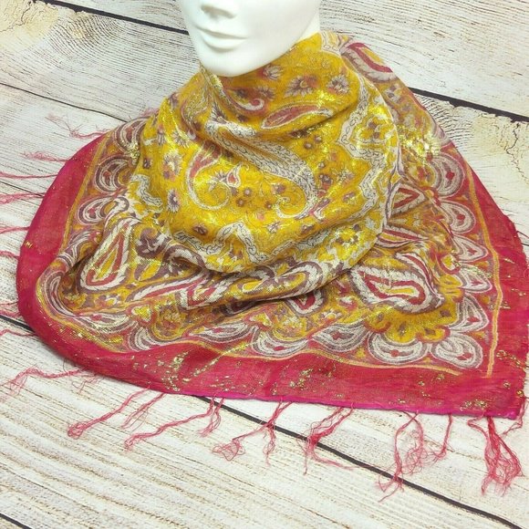 Women Scarf Soft Silky Shawl Wrap Paisley Stole Head Cover Veil Gold Pink Gift - Picture 3 of 12